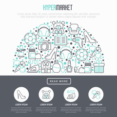 Hypermarket concept in half circle with thin line icons: apparel, sport equipment, electronics, perfumery, cosmetics, toys, food, appliances. Modern vector illustration for print media.