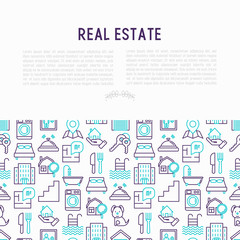 Fototapeta na wymiar Real estate concept with thin line icons: apartment house, bedroom, keys, elevator, swimming pool, bathroom, facilities. Modern vector illustration for web page, print media.