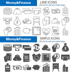 Set of money and finance simple and line icons for web and mobile design
