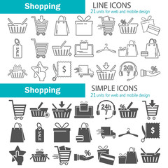 Shopping simple and line universal icons set for web adn mobile design