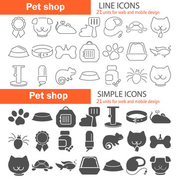 Veterinary shop simple and line icons set for web and mobile design