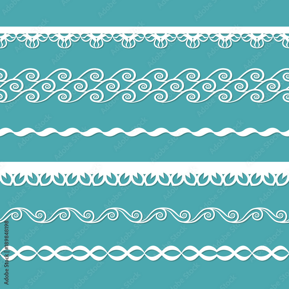 Poster set of seamless lacy borders with waves and flowers