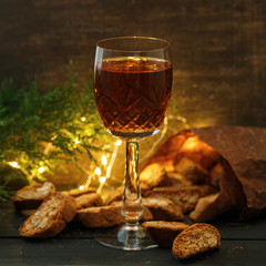 Italian cantucci biscuits and a glass of wine