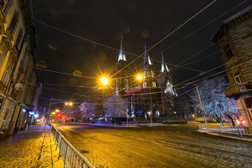 Church of Sts. Olha and Elizabeth in night winter Lviv city, Ukraine