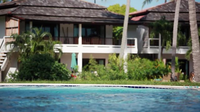 Handsome young man jumps diving and swimming into pool. 1920x1080