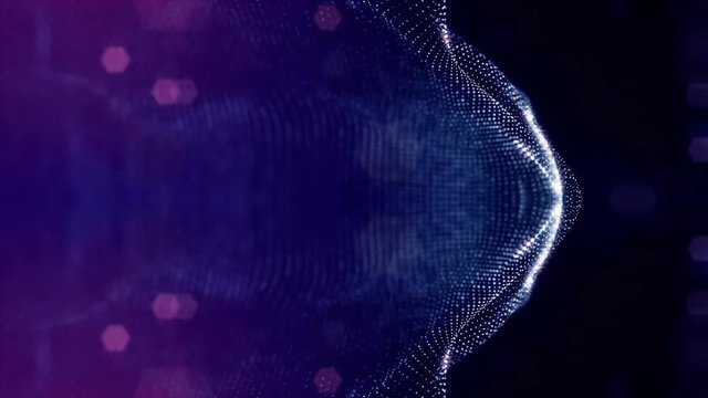 Virtual space with depth of field for HUD digital elements. Loop blue background illustrating the microcosm or nanotechnology. Seamless abstract bg with particles form lines, surface and grid. V30