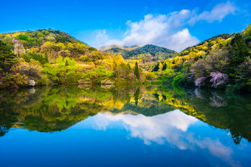 The reflection of the water is beautiful Korean reservoir Hwasun Seryangje.