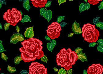 Embroidery ethnic pattern with red roses. Vector embroidered floral design for fashion wearing.