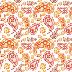 Watercolor seamless pattern on Indian theme, turkish cucumber in red and orange colors, for decorating walls, fabric, printed products on a white background