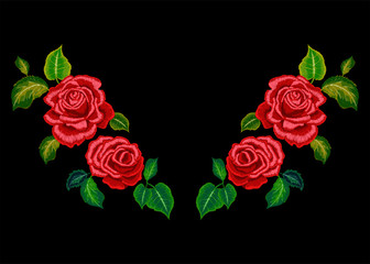 Embroidery neckline pattern with red roses. Vector embroidered floral design for fashion wearing.
