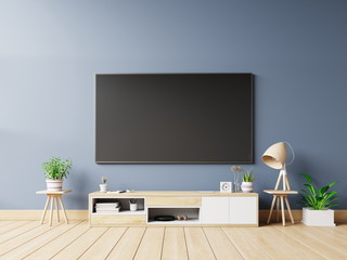 Tv screen in modern empty room and lamp,plants,Decoration on back dark wall background, 3d rendering.