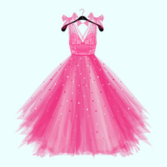 Pink birthday  party dress with bow. Fashion illustration for invitation card © fairyfortune
