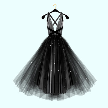 Beautiful black dress for special event. Vector Fashion illustration