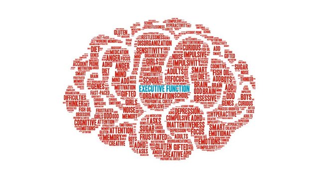 Executive Function Animated Word Cloud on a white background. 