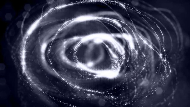 Virtual space with depth of field for HUD digital elements. Loop black background illustrating the microcosm or nanotechnology. Seamless abstract bg with particles form lines, surface and grid. V5