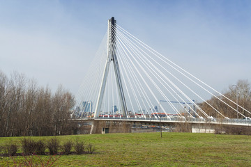 Modern suspension bridge. Warsaw in Poland.