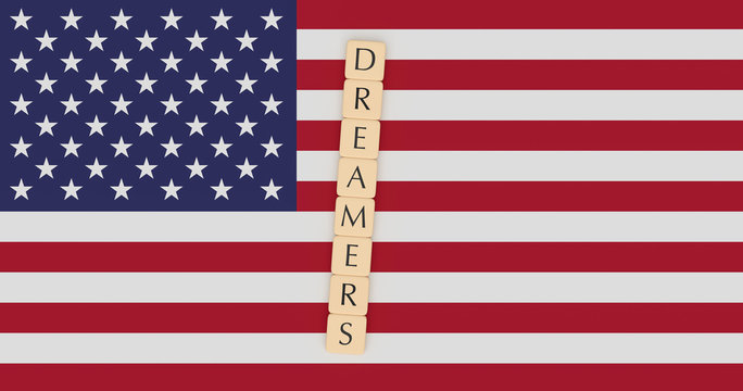 USA Politics Immigration News Concept: Letter Tiles Dreamers On US Flag, 3d Illustration