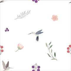 Seamless background with flowers and birds in rustic style