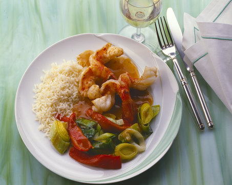Langusten mit Paprika,Lauch Gem&uuml;se an Reis
