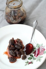Fresh jam from pine cones in the bowl  