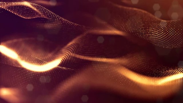 Virtual space with depth of field for HUD digital elements. Loop gold background illustrating the microcosm or nanotechnology. Seamless abstract bg with particles form lines, surface and grid. V9