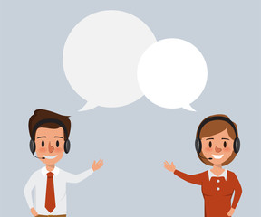 Operator of call center office working in headphones.