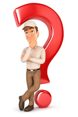 3d delivery man leaning back against question mark