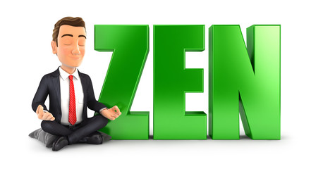 3d businessman doing meditation next to the word zen