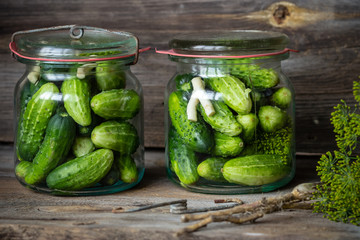 Jars of pickled marinated cucumbers on rustic table