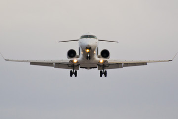 Passenger jet airplane on landing front wiev