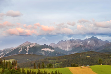 Plakat Mountain sunset - Tatras - high mountain in Europe. View from Poland side. North faces.