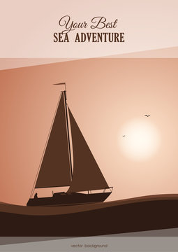 Vector illustration: Marine background with Silhouette of yacht against the backdrop of the sunset sky.