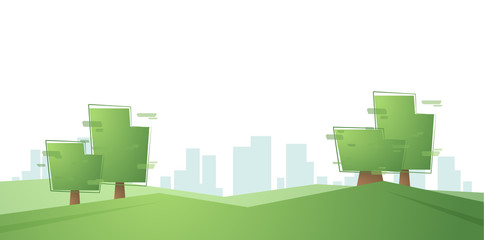 Geometric cartoon trees on the background of the city.