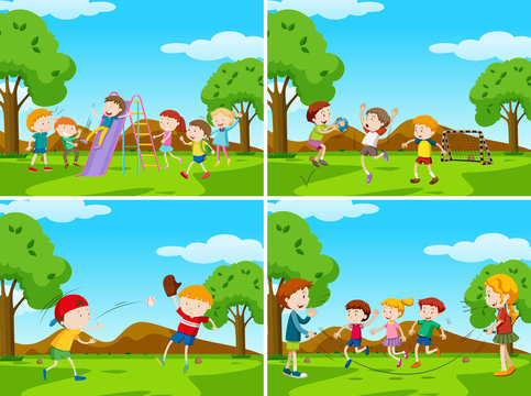 Playground scenes with kids playing sports