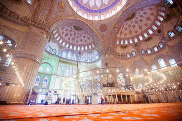 ISTANBUL, TURKEY - JAN 13, 2018: Interior of the Sultanahmet Mosque (Blue Mosque) in Istanbul