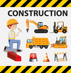 Man and construction trucks on poster