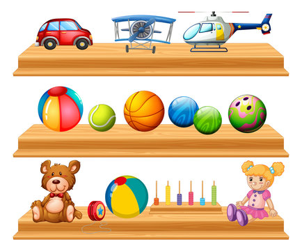 Different types of balls and toys on shelves