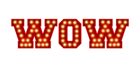 Wow word made from red vintage lightbulb lettering isolated on a white. 3D Rendering
