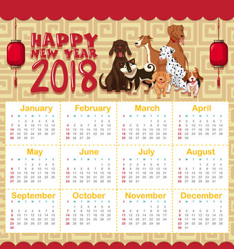 2018 calendar template with many cute dogs