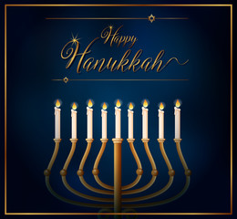 Happy Hannukkah card template with candles on blue background