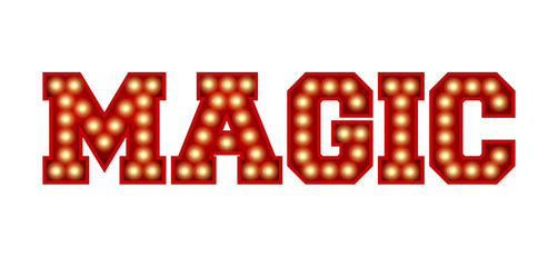 Magic word made from red vintage lightbulb lettering isolated on a white. 3D Rendering