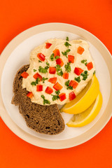 Vegetarian Snack of Hummus with Red Peppers Parsley Lemon and Rye Bread