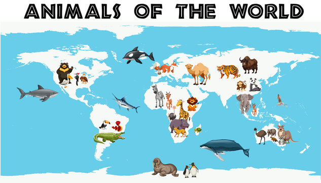 Different types of animals around the world on the map