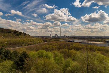 View over a cloudy Recklinghausen, seen from from Halde Hoheward, Ruhr Area, North Rhine-Westfalia, Germany