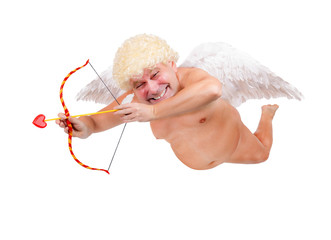 Funny angel with arrow flying isolated on white background