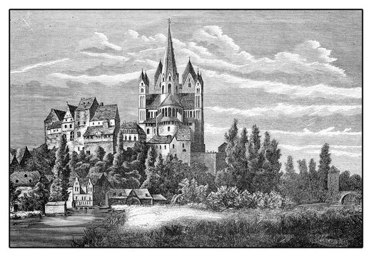 Germany, vintage view of Limburg an der Lahn with the prominent Catholic Cathedral - Limburger Dom -  dedicated to Saint George in late Romanesque style