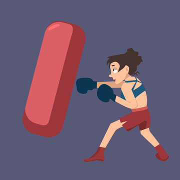 girl punching boxing bag vector cartoon