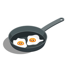Cartoon vector Fried Egg with a Face in a frying pan. Egg white and yolk with cute eyes. Vector Illustration of an Isometric view on a blue Background. scrambled eggs with eyes expressing wonder an