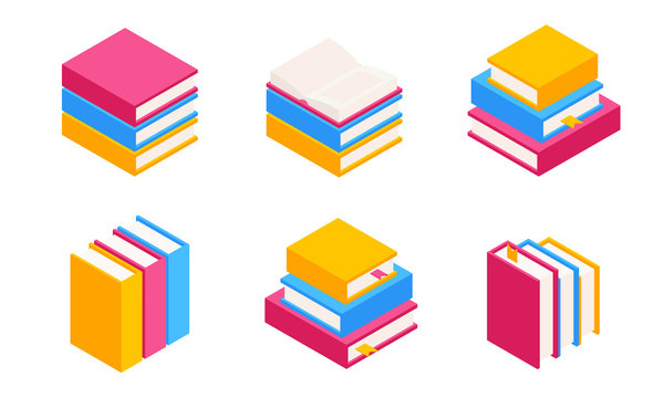 Vector Set of Colorful Horizontal and Vertical Stacks of Books in Isometric.Education Infographic Template Design with Books Pile.Set of Book Icons in Flat style isolated from white background