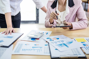 Business team meeting present. secretary presentation new idea and making report to professional investor with new finance project plan during discussion at meeting